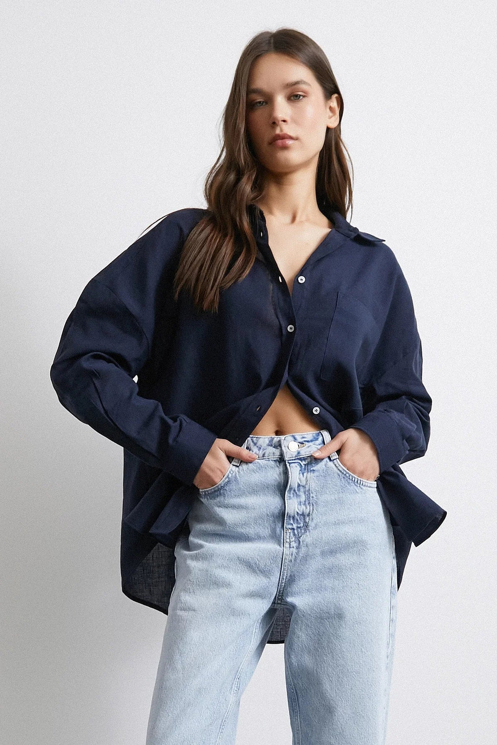 Cepli Oversize Keten Gömlek - Lacivert - Lacivert - L