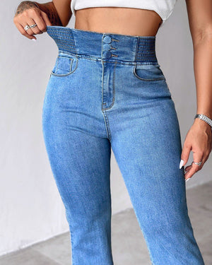 Kadın Yüksek Bel Yanları Lastik önü Düğmeli Kot Pantolon , 32826