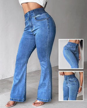 Kadın Yüksek Bel Yanları Lastik önü Düğmeli Kot Pantolon , 32826
