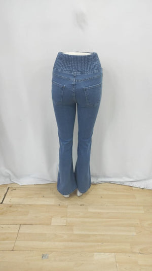 Kadın Yüksek Bel Yanları Lastik önü Düğmeli Kot Pantolon , 32826