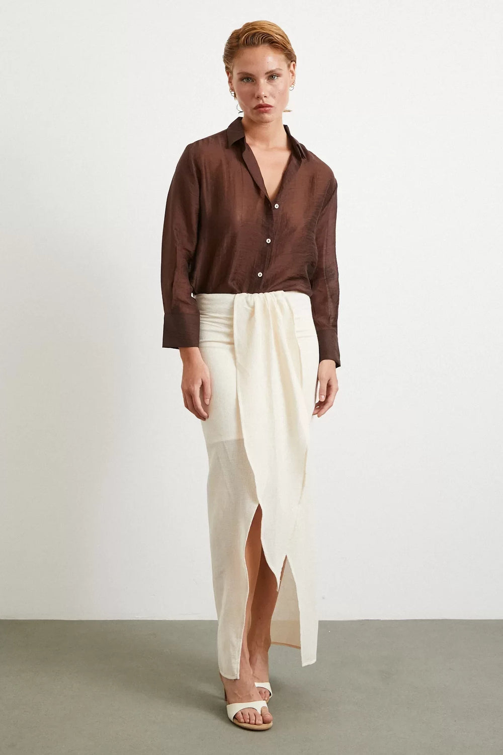 Önü Bağlamalı Etek - Krem - Krem - L