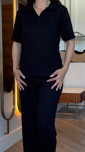 Set de două piese pentru femei, din viscoză, cu mânecă scurtă și guler, format din bluză și pantaloni, cu două fire, 27407