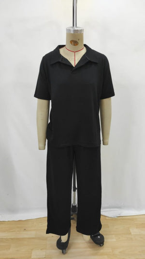 Set de două piese pentru femei, din viscoză, cu mânecă scurtă și guler, format din bluză și pantaloni, cu două fire, 27407