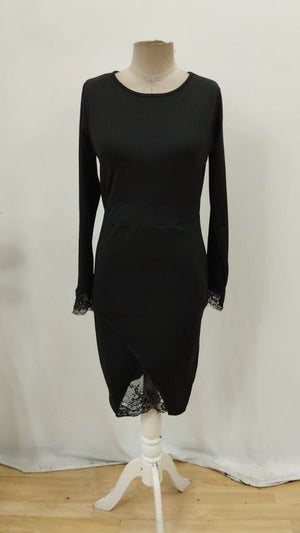Rochie de damă Scuba cu mânecă lungă, guler rotund, dantelă frontală și crăpături, 34380