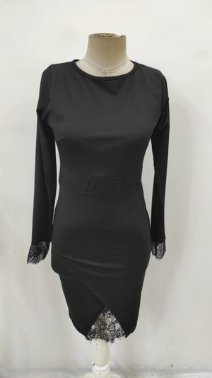Rochie de damă Scuba cu mânecă lungă, guler rotund, dantelă frontală și crăpături, 34380
