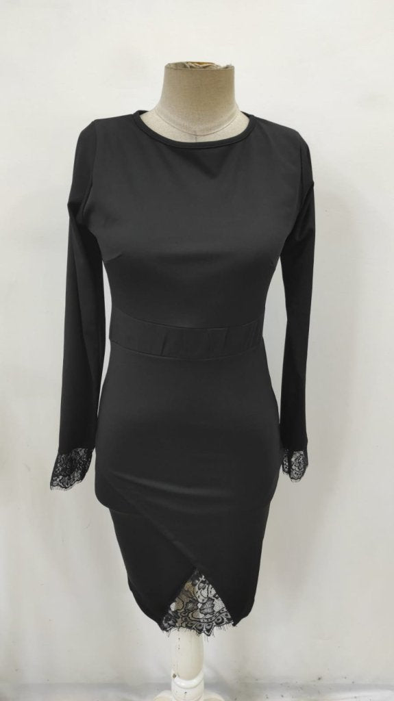 Rochie de damă Scuba cu mânecă lungă, guler rotund, dantelă frontală și crăpături, 34380