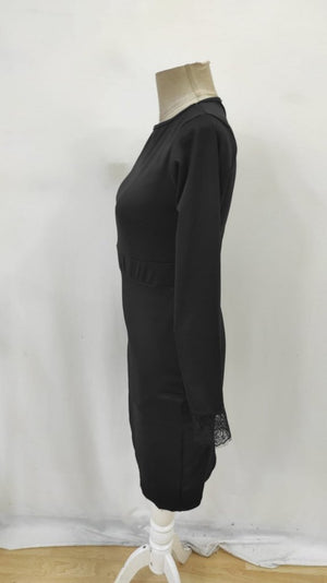 Rochie de damă Scuba cu mânecă lungă, guler rotund, dantelă frontală și crăpături, 34380