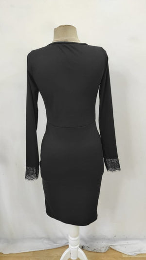 Rochie de damă Scuba cu mânecă lungă, guler rotund, dantelă frontală și crăpături, 34380