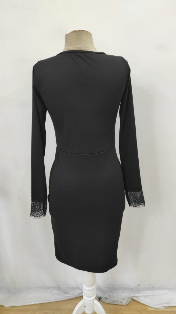Rochie de damă Scuba cu mânecă lungă, guler rotund, dantelă frontală și crăpături, 34380