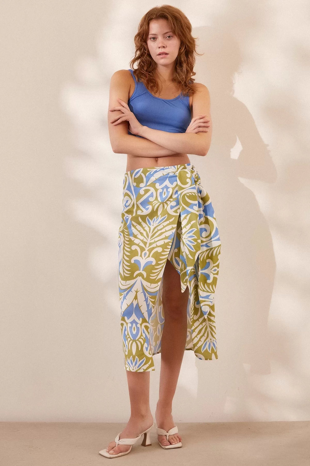 Yırtmaçlı Desen Etek - Mavi - Mavi - L