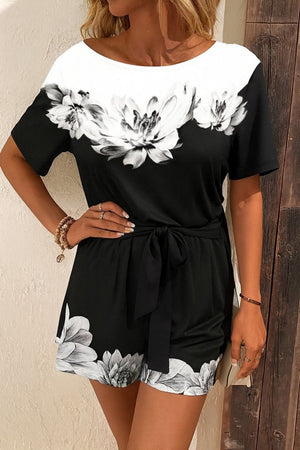 Salopetă scurtă mini pentru femei, cu un singur umăr, model floral, cu curea și două fire, 34835