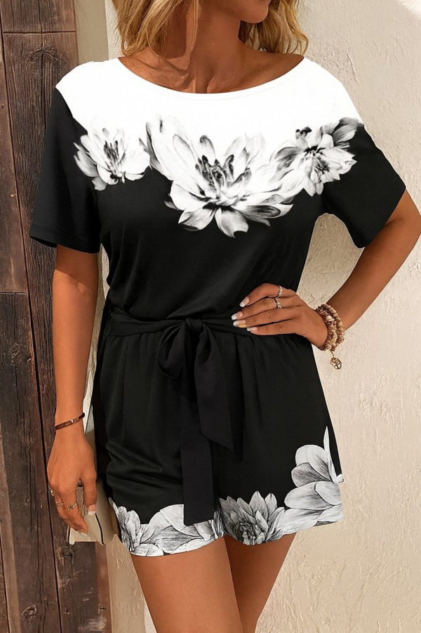 Salopetă scurtă mini pentru femei, cu un singur umăr, model floral, cu curea și două fire, 34835