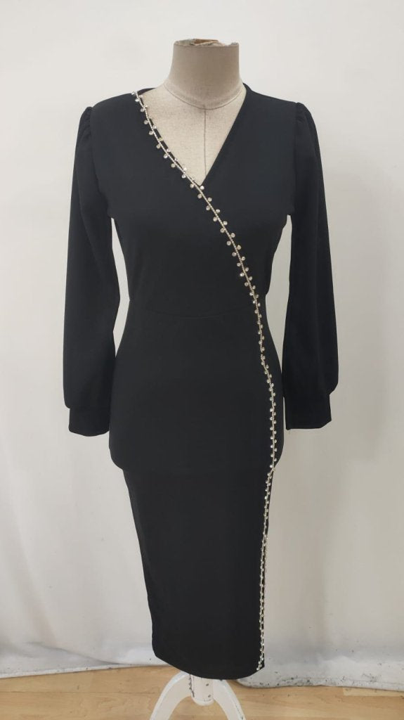 Rochie lungă din crep importat, cu mânecă lungă, decolteu în V, crăpături decorative, 32184