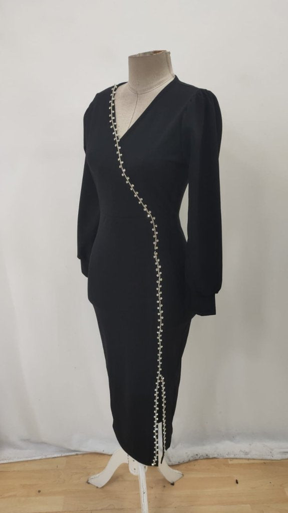 Rochie lungă din crep importat, cu mânecă lungă, decolteu în V, crăpături decorative, 32184