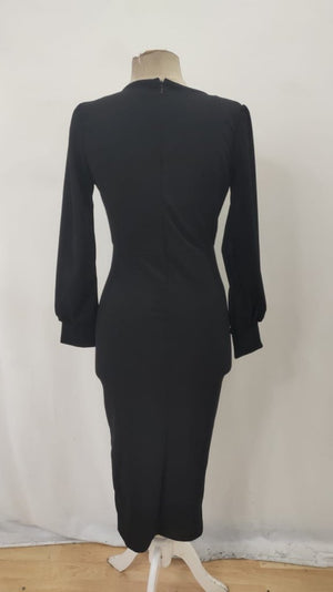 Rochie lungă din crep importat, cu mânecă lungă, decolteu în V, crăpături decorative, 32184