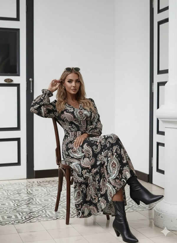 Rochie maxi lungă cu imprimeu, mânecă lungă, decolteu înfășurat, talie elastică, 30682