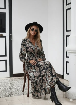 Rochie maxi lungă cu imprimeu, mânecă lungă, decolteu înfășurat, talie elastică, 30682