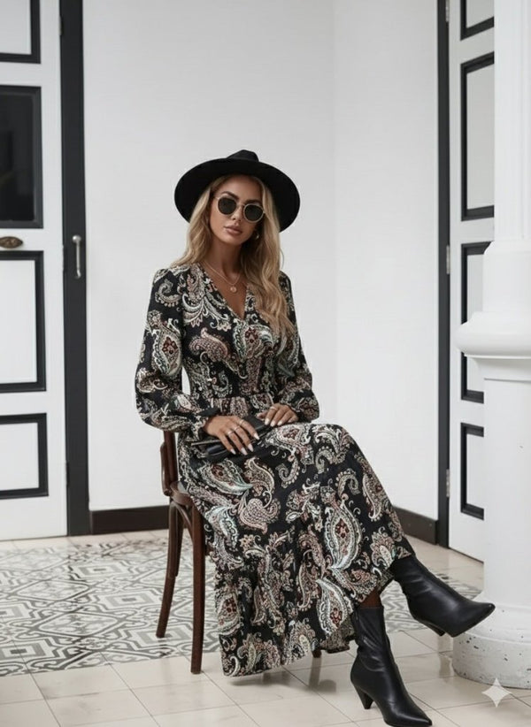 Rochie maxi lungă cu imprimeu, mânecă lungă, decolteu înfășurat, talie elastică, 30682