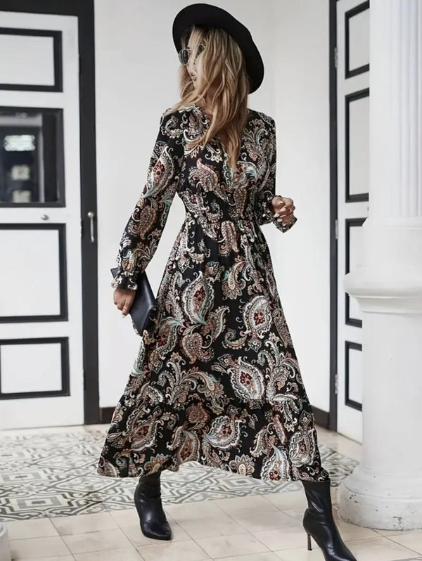 Rochie maxi lungă cu imprimeu, mânecă lungă, decolteu înfășurat, talie elastică, 30682
