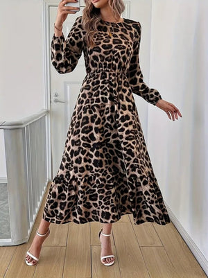 Uzun Kollu Bisiklet Yaka Leopar Desenli Midi Süprem Elbise, 28383