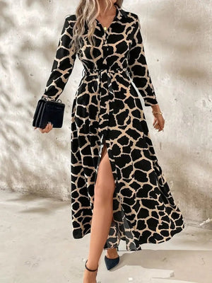 Rochie lungă Supreme pentru femei, cu mânecă lungă, guler, nasturi în față, model și curea, 30800