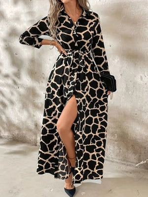 Rochie lungă Supreme pentru femei, cu mânecă lungă, guler, nasturi în față, model și curea, 30800