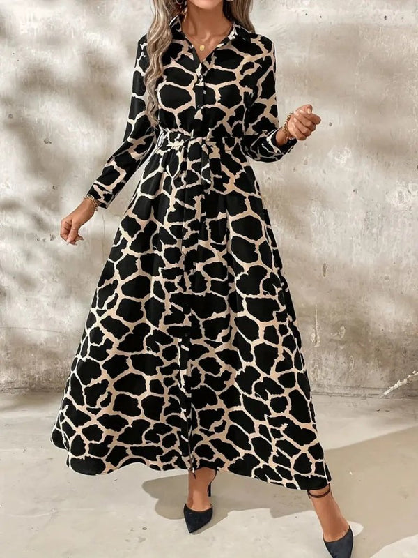 Rochie lungă Supreme pentru femei, cu mânecă lungă, guler, nasturi în față, model și curea, 30800