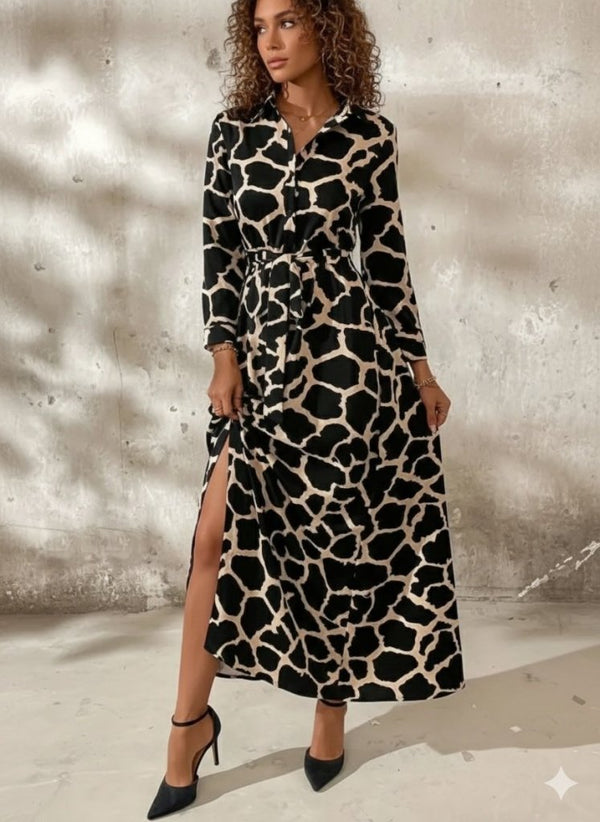 Rochie lungă Supreme pentru femei, cu mânecă lungă, guler, nasturi în față, model și curea, 30800