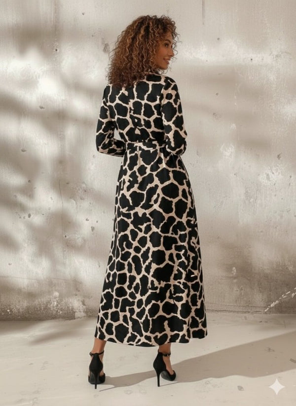 Rochie lungă Supreme pentru femei, cu mânecă lungă, guler, nasturi în față, model și curea, 30800