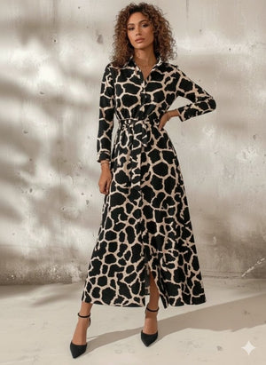 Rochie lungă Supreme pentru femei, cu mânecă lungă, guler, nasturi în față, model și curea, 30800