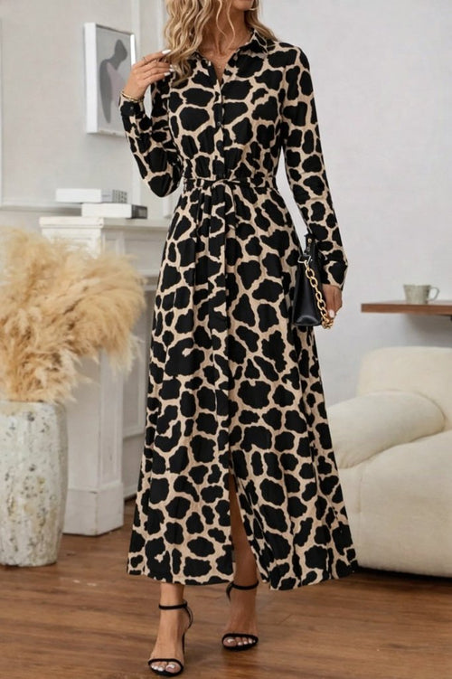 Rochie lungă Supreme pentru femei, cu mânecă lungă, guler, nasturi în față, model și curea, 30800