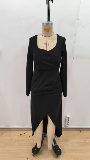 Rochie lungă pentru femei, din crep importat, cu mânecă lungă, decolteu în formă de inimă și detalii asimetrice, 31744