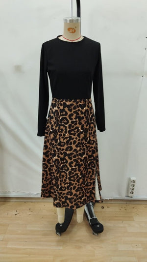 Rochie midi din crep importat, cu guler rotund și mânecă lungă pentru femei, cu imprimeu de bază din modal, 32287
