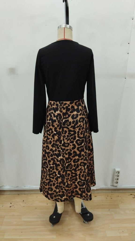 Rochie midi din crep importat, cu guler rotund și mânecă lungă pentru femei, cu imprimeu de bază din modal, 32287
