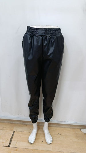 Pantaloni de piele pentru femei, cu talie înaltă, elastic și nasturi în față, 34424