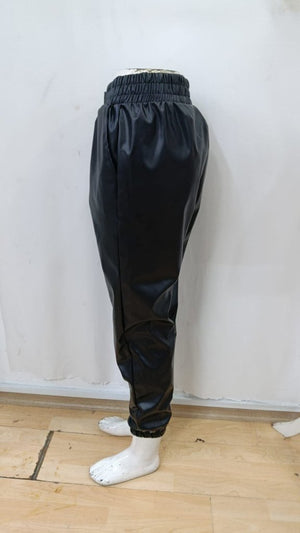 Pantaloni de piele pentru femei, cu talie înaltă, elastic și nasturi în față, 34424