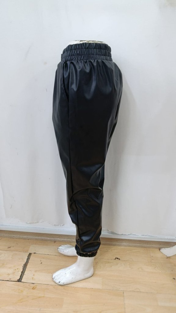 Pantaloni de piele pentru femei, cu talie înaltă, elastic și nasturi în față, 34424
