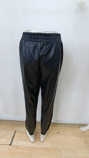 Pantaloni de piele pentru femei, cu talie înaltă, elastic și nasturi în față, 34424