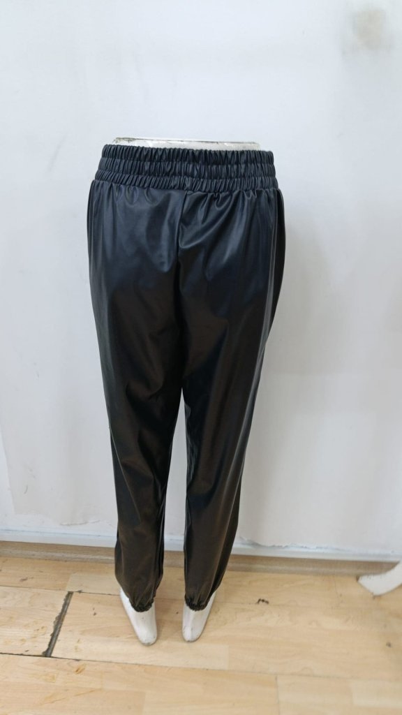 Pantaloni de piele pentru femei, cu talie înaltă, elastic și nasturi în față, 34424