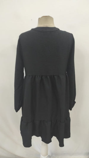 Kadın Uzun Kollu Yakadan Bağcıklı Fırfırlı Keten Mini Elbise , 31466