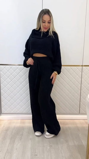 Set de două piese pentru femei, bluză și pantaloni scurți tricotați, cu guler înalt și mânecă lungă, 29957