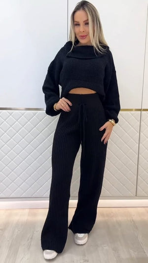 Set de două piese pentru femei, bluză și pantaloni scurți tricotați, cu guler înalt și mânecă lungă, 29957