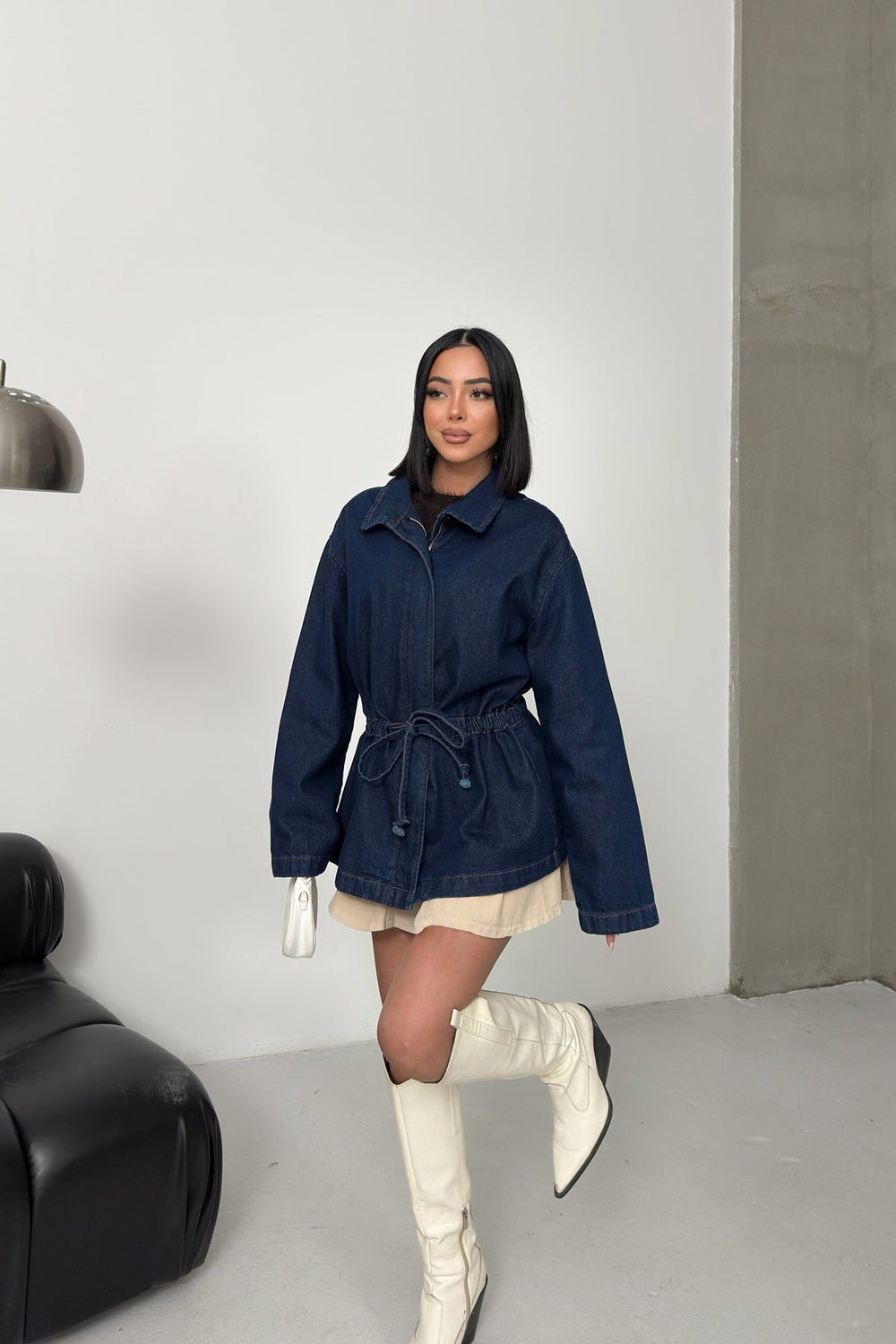 Bel Büzgü Detaylı Kot Ceket 6145 Slaplı Lacivert