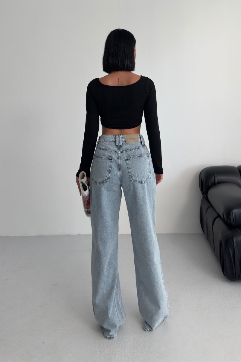 Bol Paça Baggy Relax Kot Pantolon 7031 Açık Mavi ve Tintli