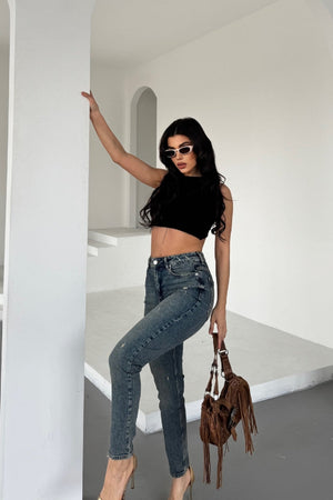 Tık Likra Kot Pantolon 7036 - Koyu Mavi Kar Yıkama Tintli - (28-33) - 2