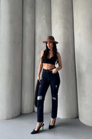 Mom Fit Kot Pantolon 1900 - Slaplı Lacivert - (26-31) - 2