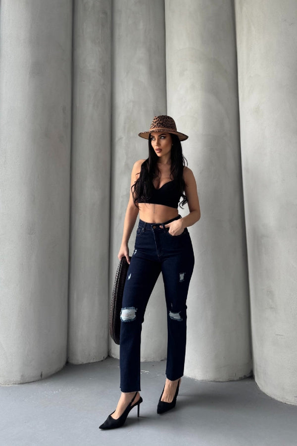 Mom Fit Kot Pantolon 1900 - Slaplı Lacivert - (26-31) - 2