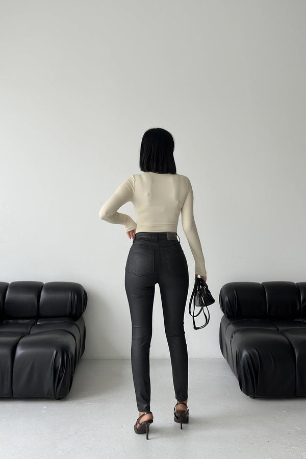 Yüksek Bel Deri Pantolon 415 - Siyah - (27-32) - 2