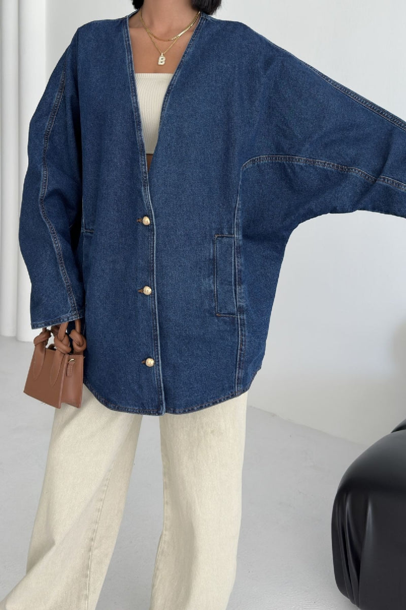 Oversıze Yarasa Kollu Kot Ceket 6059 Düz Koyu Rins