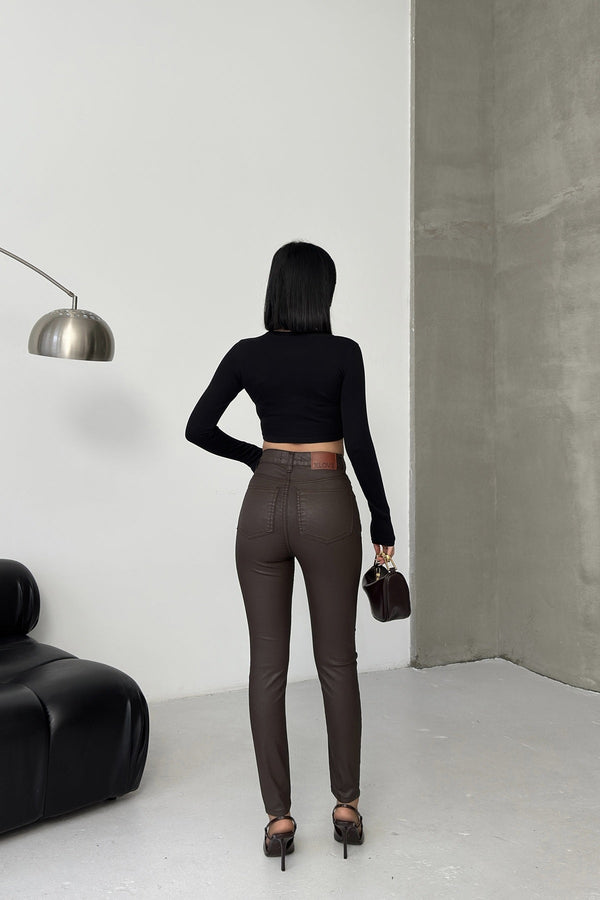 Yüksek Bel Deri Pantolon 415 - Kahverengi - (27-32) - 2